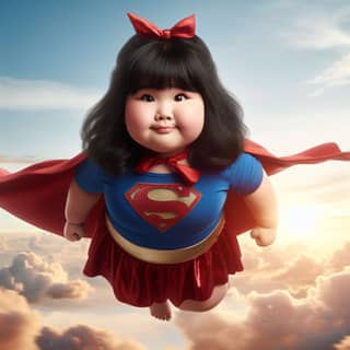 a little girl dressed as superman flying through the air