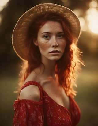 a redhead woman in a hat and red dress