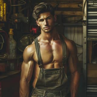 a shirtless man in an old garage