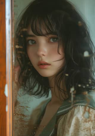 with black hair standing in front of a mirror