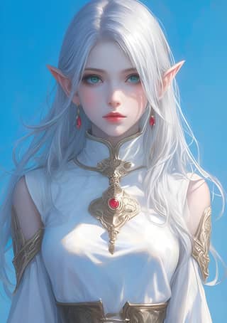 elf girl with long white hair and blue eyes