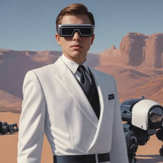 in a white suit and sunglasses standing in the desert