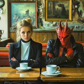 Une femme dans un café portant un masque de diable.