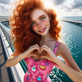 a red haired girl in a pink dress making a heart shape