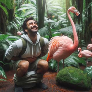 man squatting on toilet with flamingos