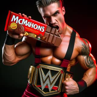 Una persona tiene una barretta di cioccolato con una cintura WWE.