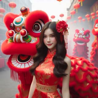 in a red dress posing with a lion