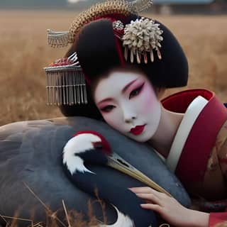 in geisha costume laying down next to a large crane