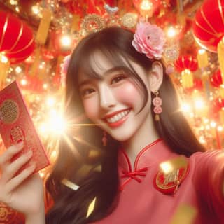 chinese woman in a red dress holding a red envelope