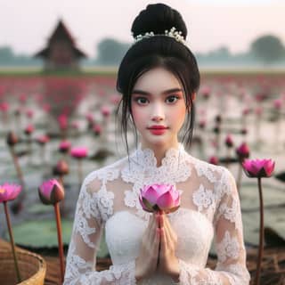 in a white dress holding a lotus flower