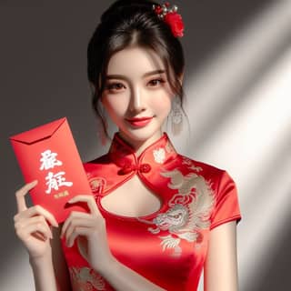 woman in a chinese dress holding a red envelope