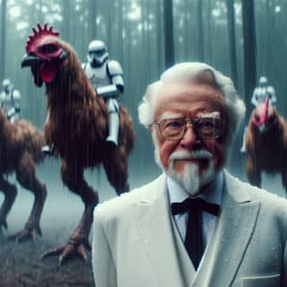 an old man in a suit and tie standing in front of a group of roosters