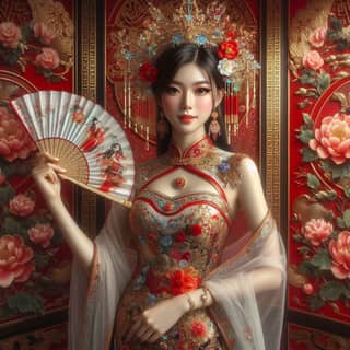 in traditional dress holding a fan