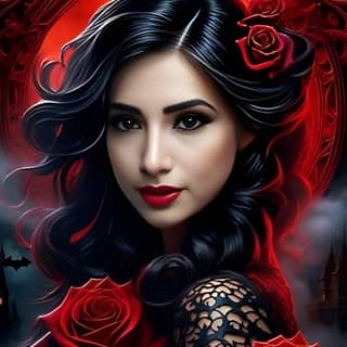 woman with long black hair and red roses