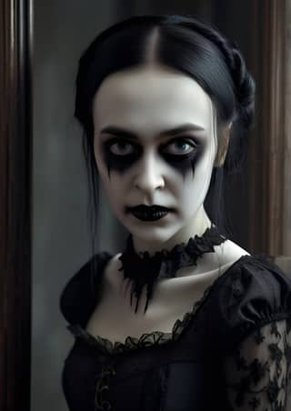 with black makeup and a gothic dress