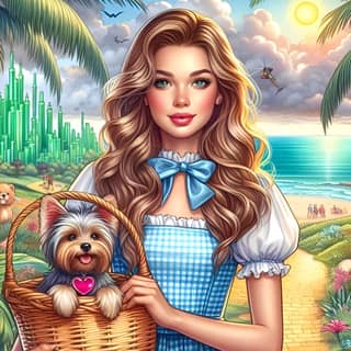 in a dress holding a basket with a dog