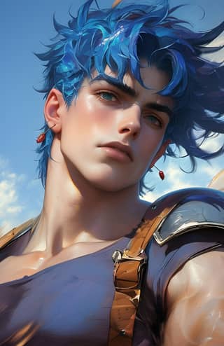 a male with blue hair and a blue shirt