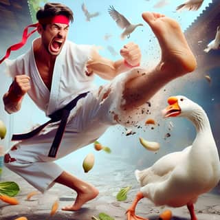 in karate gear kicking a duck