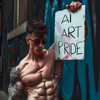 Un hombre sin camisa sostiene orgullosamente un cartel que dice 'orgullo del arte'.