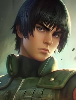 anime character with black hair and green jacket