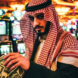 Eine Person in traditioneller arabischer Kleidung steht vor einem Casino und hält Geld in der Hand.