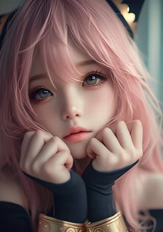 a cute girl with pink hair and black gloves