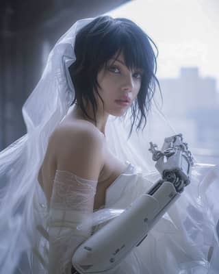 in a wedding dress holding a robot