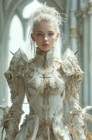 in a white dress and gold armor