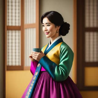 in traditional korean clothing holding a cup of tea