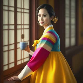 in traditional korean clothing holding a cup