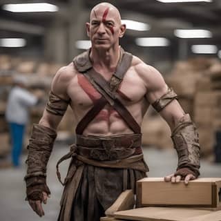 dressed as kratos in a warehouse