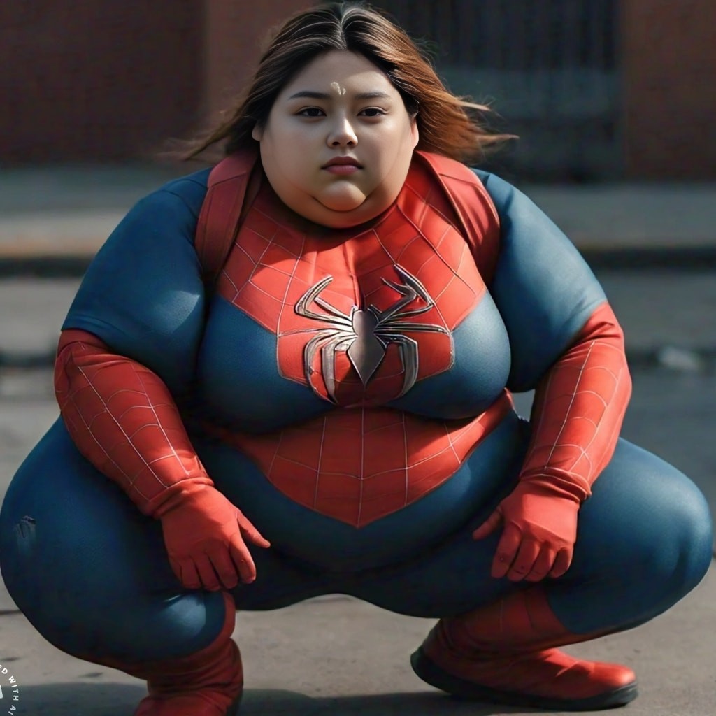 Eine übergewichtige Frau, verkleidet als Spider-Man, posiert für ein Foto.