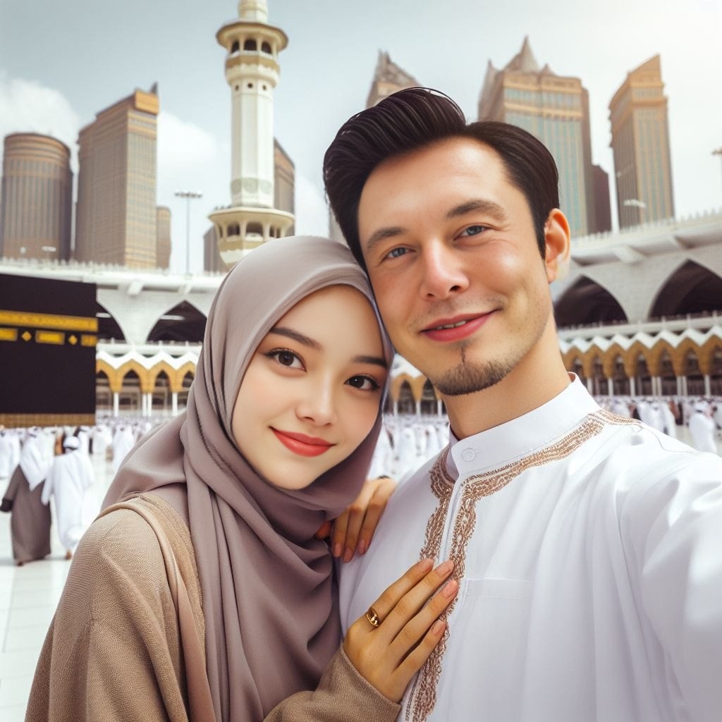 Pareja vestida con ropa musulmana frente a la Kaaba en un país musulmán.