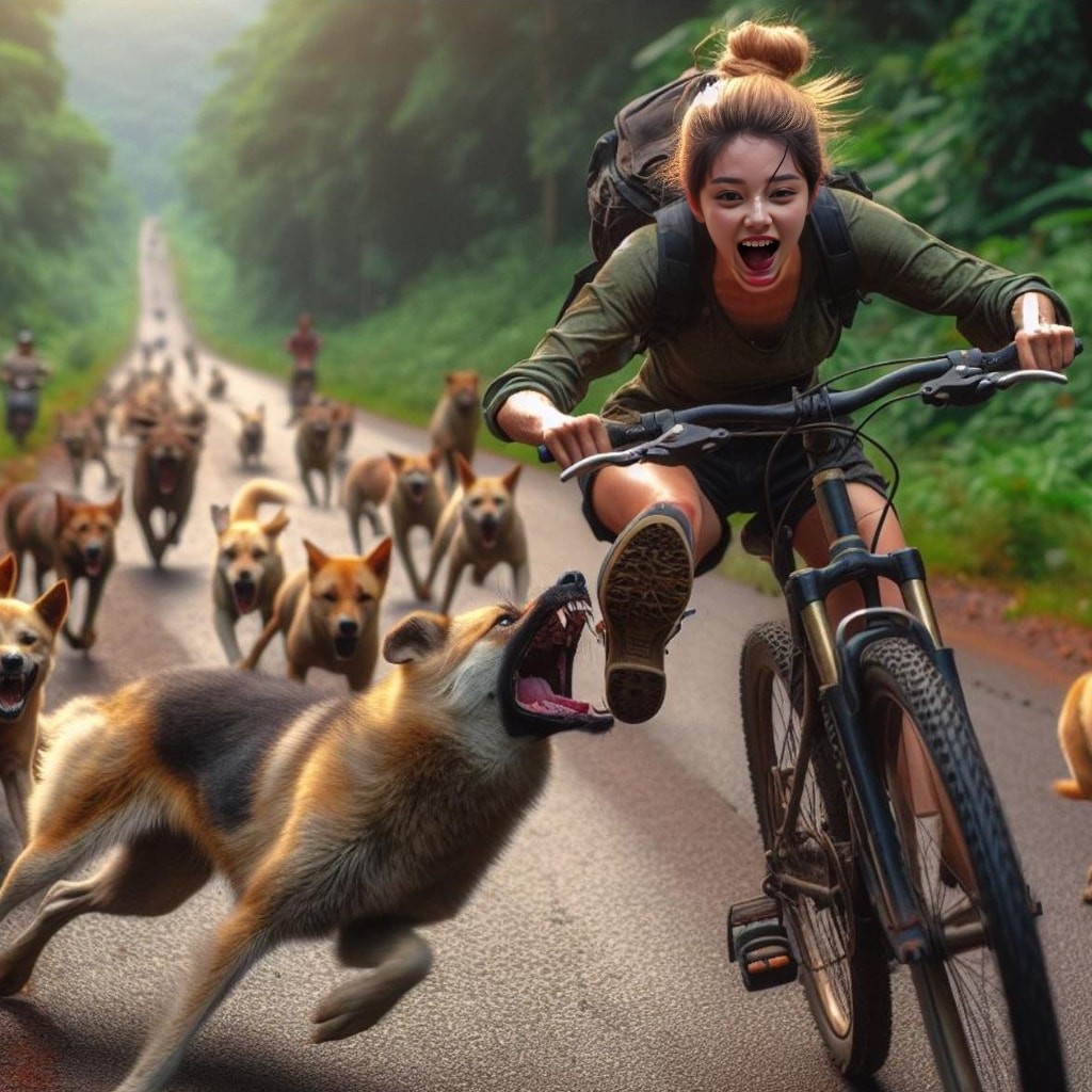 riding a bike with a pack of dogs