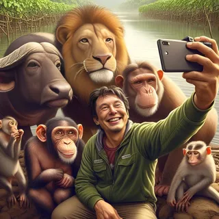 Mengambil selfie dengan sekumpulan haiwan.