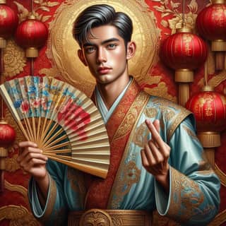 Person in oriental clothing holding a fan.