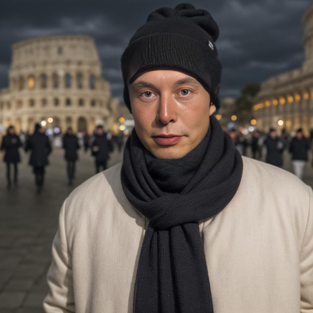in a beanie and scarf standing in front of the colosseum