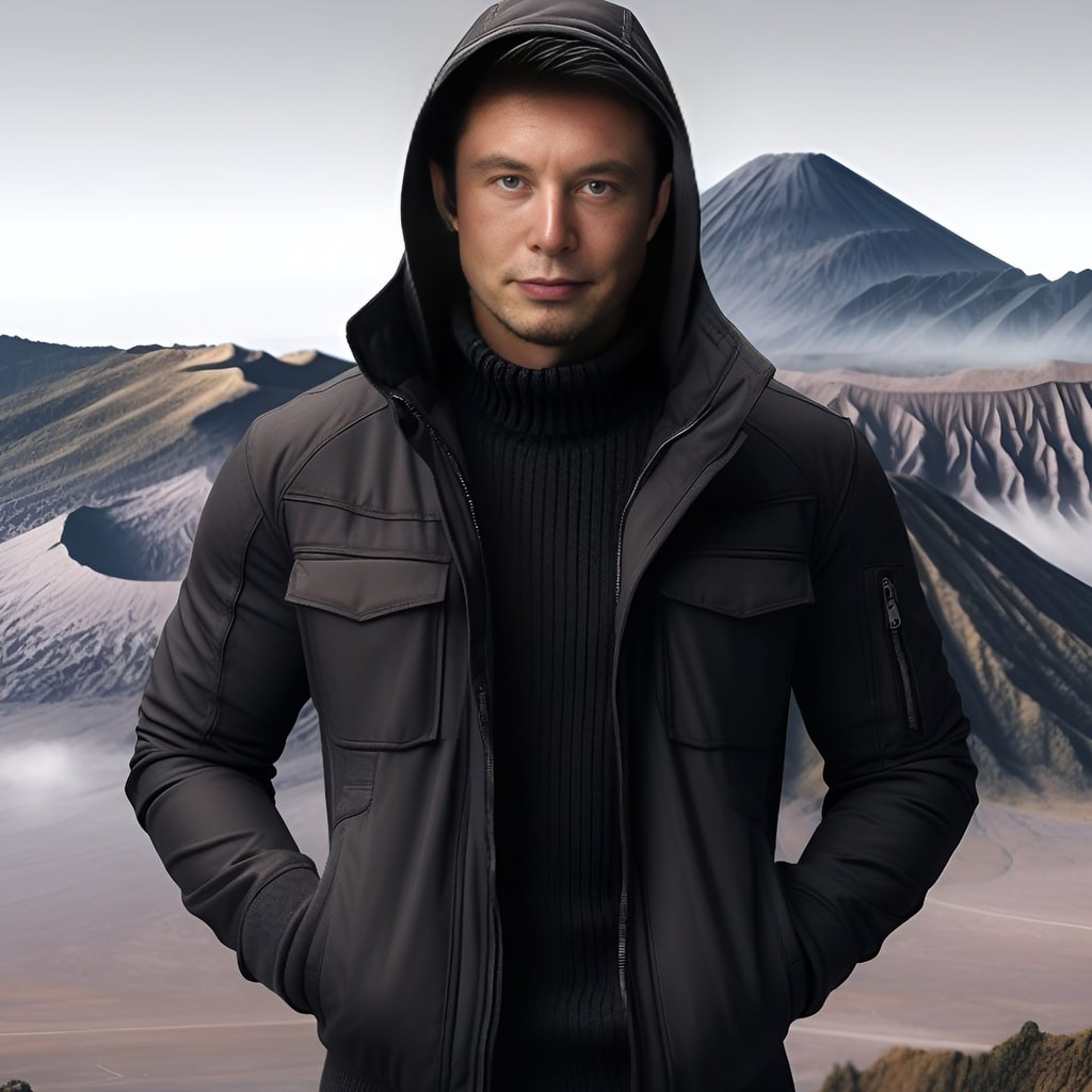 in a black jacket standing in front of a mountain