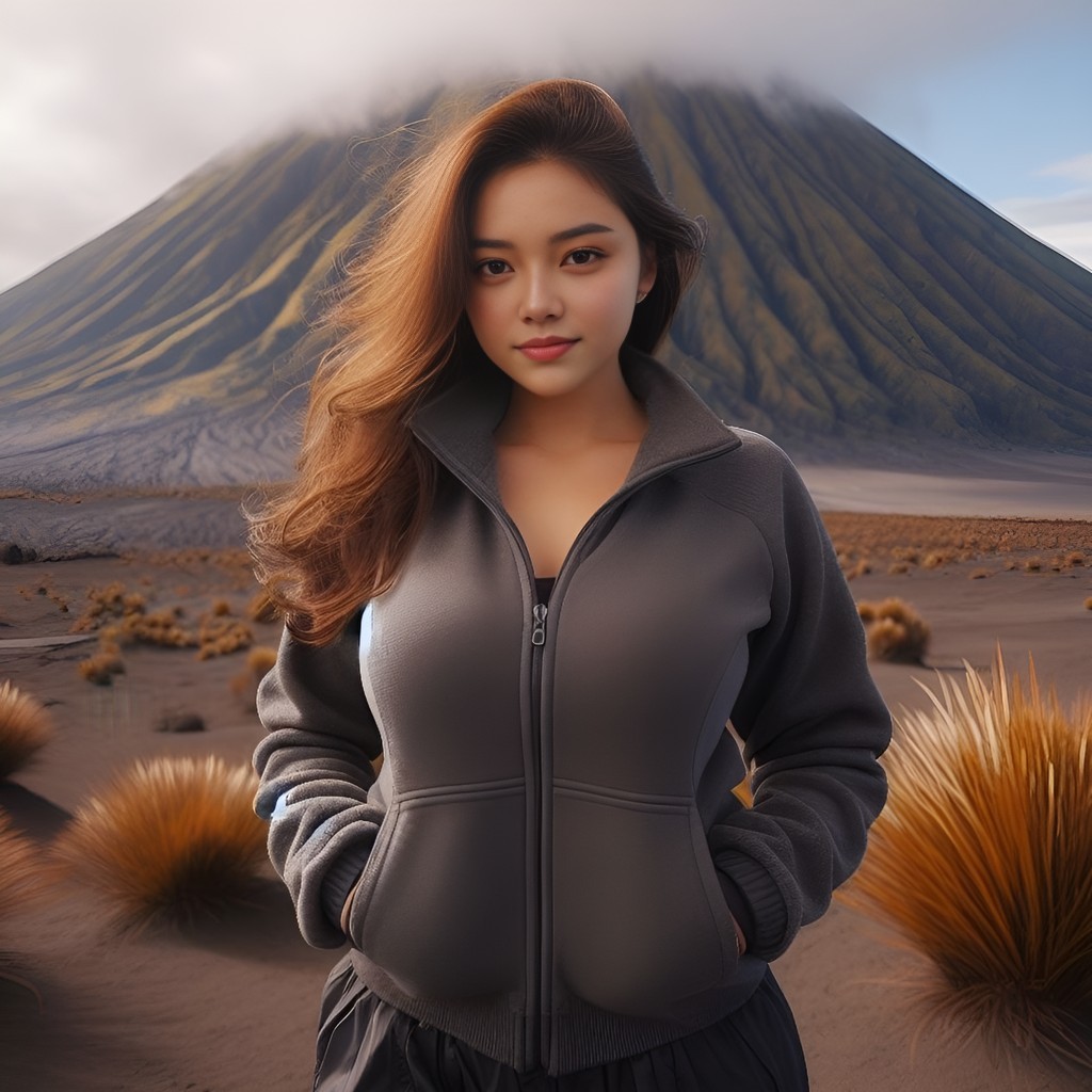 in a black jacket standing in front of a volcano