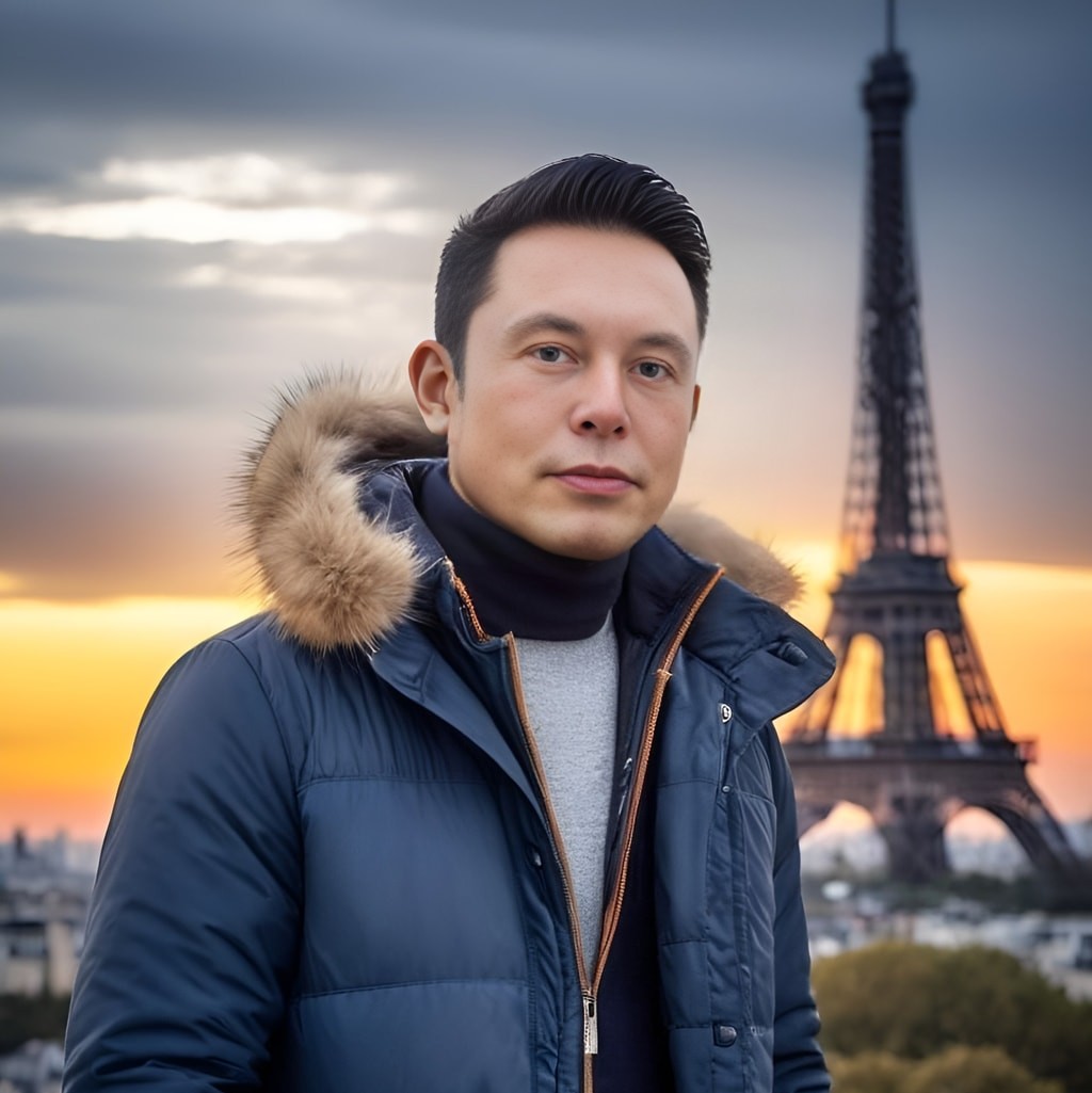 in a blue jacket standing in front of the eiffel tower