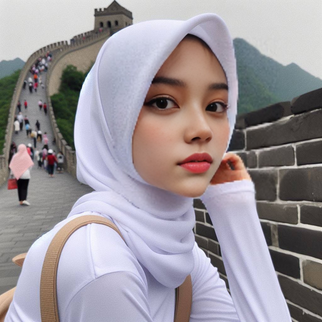 Portant un hijab blanc devant la Grande Muraille.