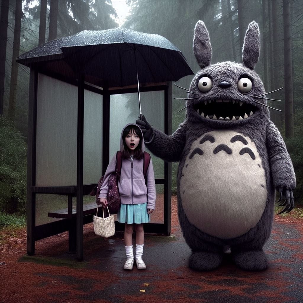 Una chica con un paraguas está de pie junto a un Totoro.