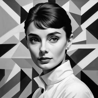 a black and white portrait of with geometric shapes