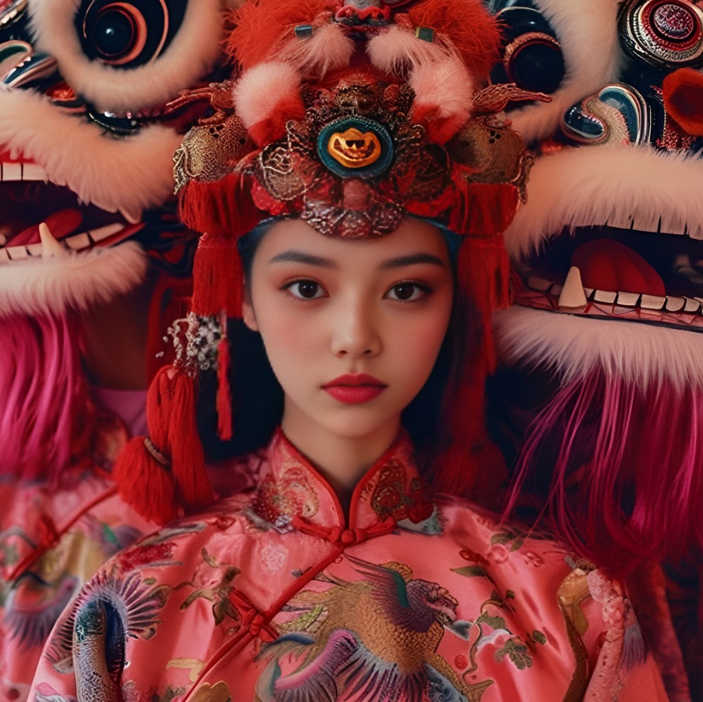 in a chinese costume is posing with two lion heads