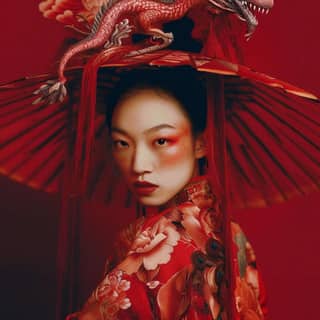 in a red kimono with a dragon on her head