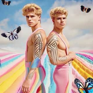 two men in colorful underwear standing in a field with butterflies