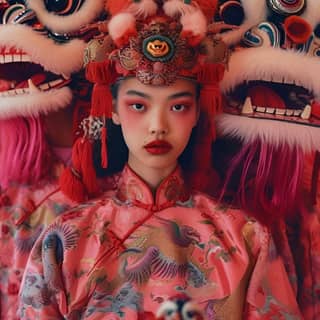 wearing a chinese dragon headdress and holding a lion