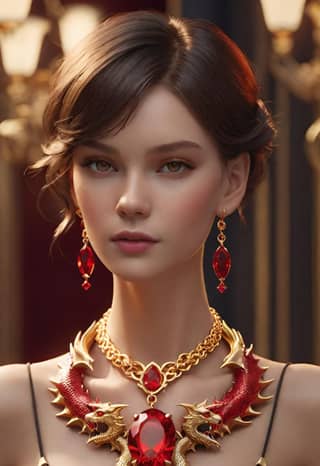 woman wearing a red necklace and a necklace with a dragon on it