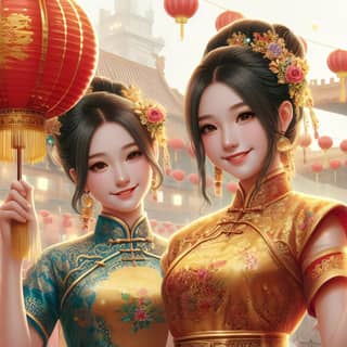 two asian women in traditional chinese dress holding lanterns