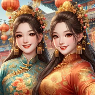 two chinese women in traditional dress pose for a photo